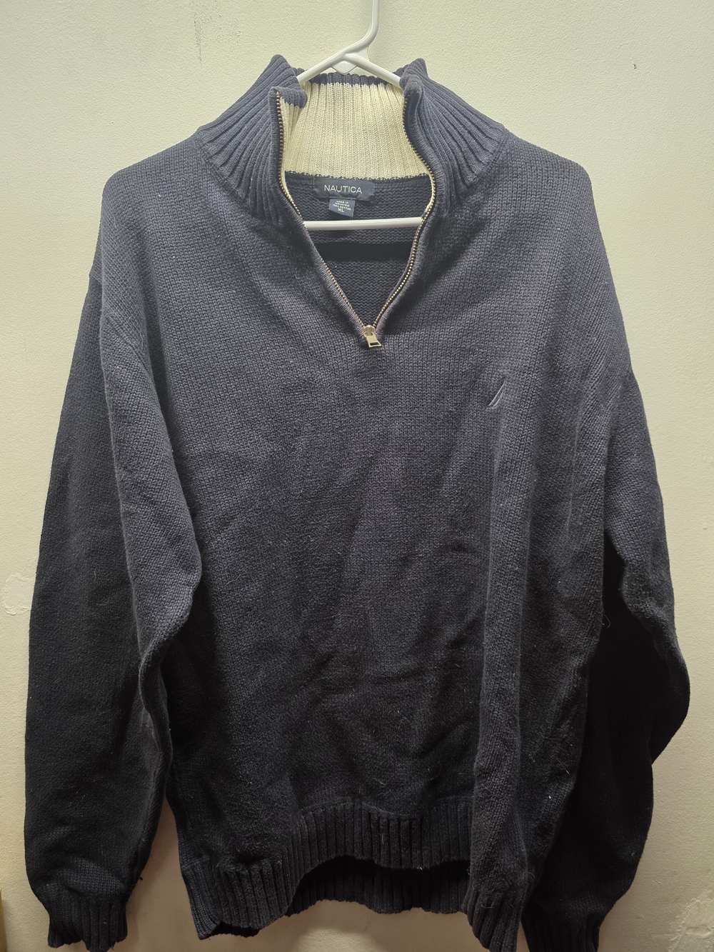 Nautica Men's Dark Blue Quarter-Zip Sweater with Contrast Collar